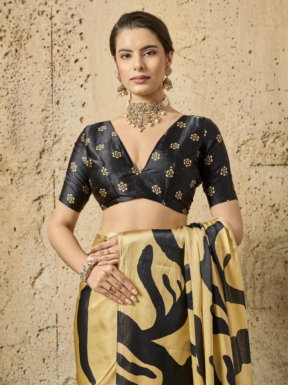 Tarani golden modal satin Ajrakh print saree upper body view with designer black blouse