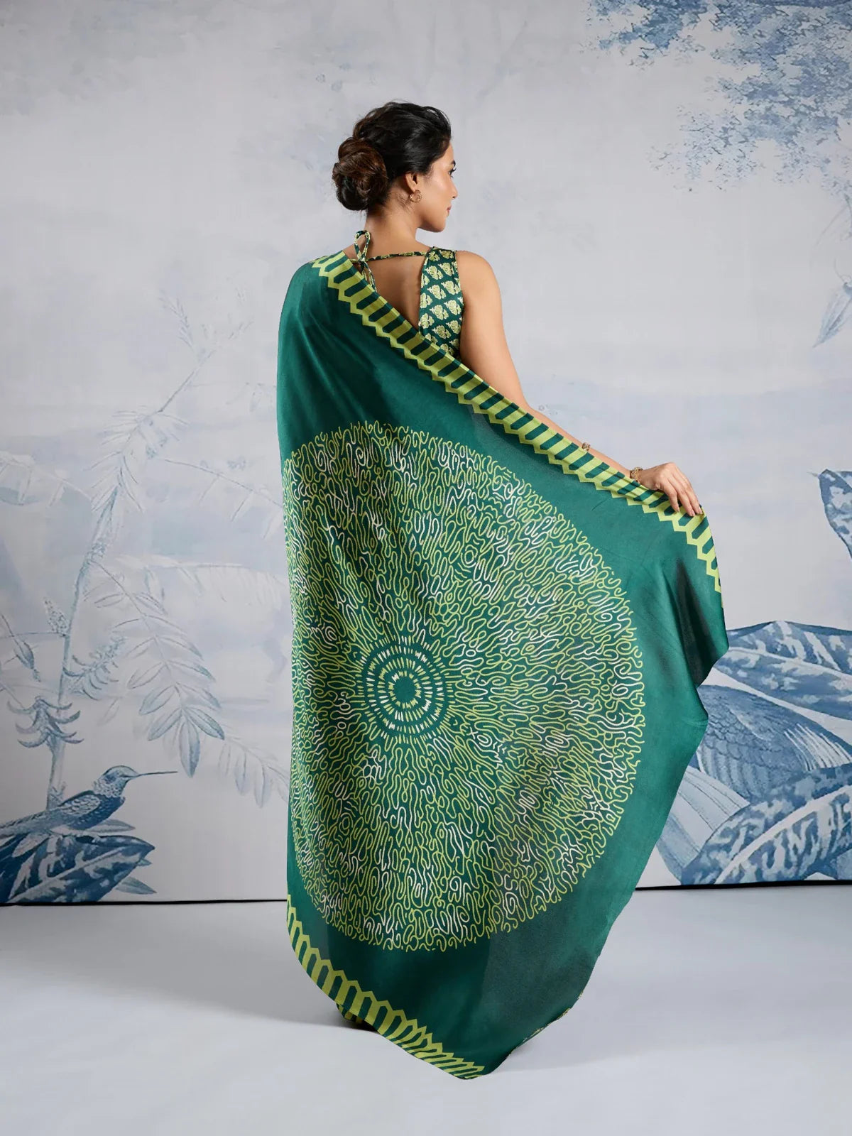 Tarani modal satin saree full back view with circular mandala pallu design