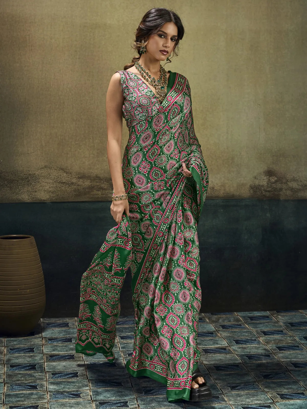 Tarani Simran green Modal Satin Ajrakh print saree front view with matching blouse