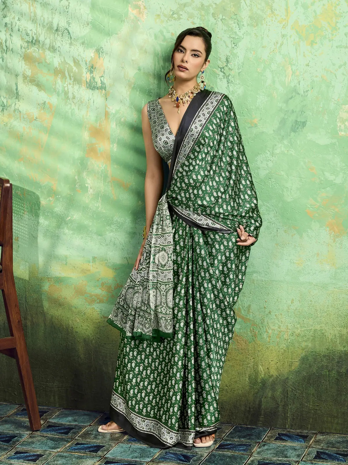 Tarani green modal satin Ajrakh print saree front drape view for casual wear