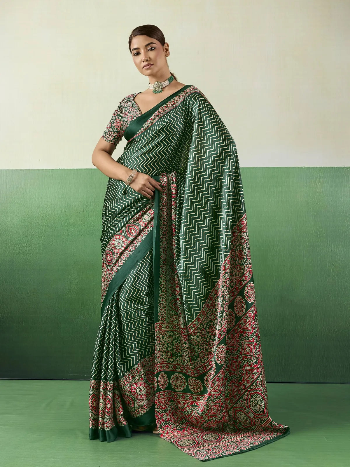 Tarani green modal satin Ajrakh print saree full view with traditional printed blouse for casual festive wear