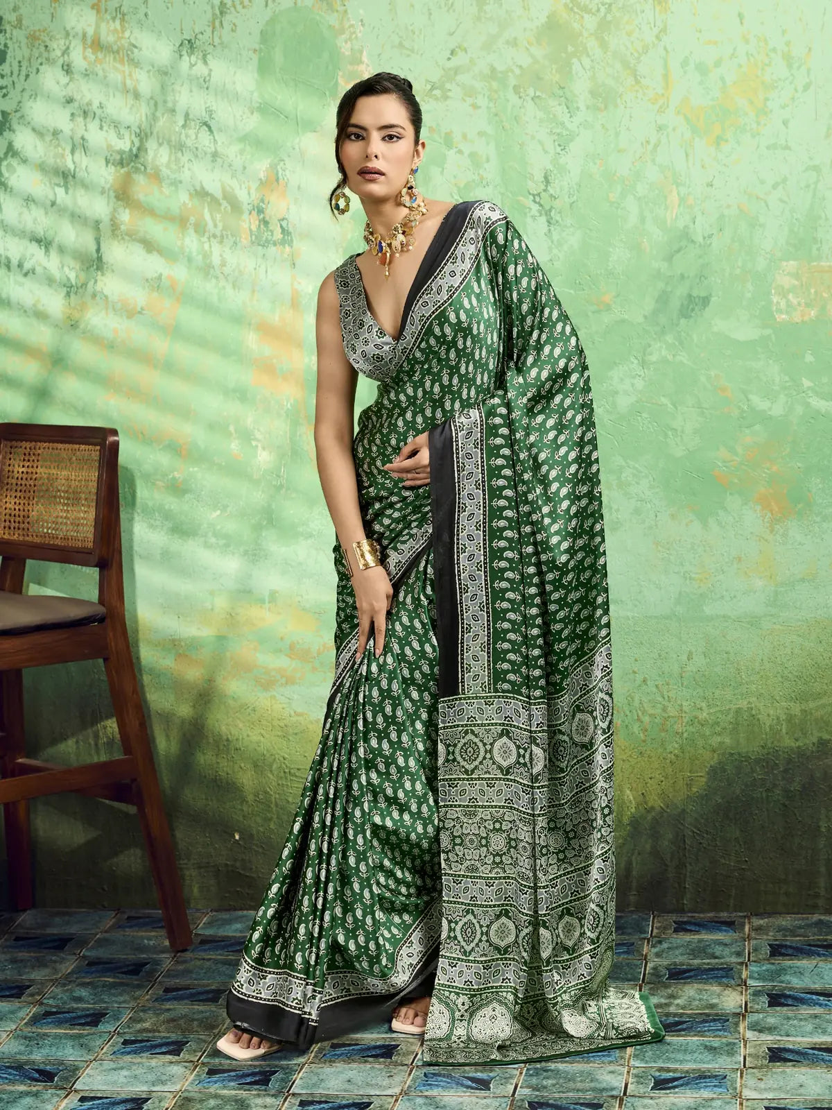 Tarani green modal satin Ajrakh print saree full view with elegant printed blouse
