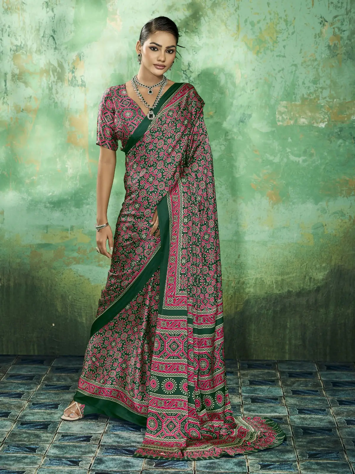 Tarani green modal satin Ajrakh print saree full front view for casual and carnival wear