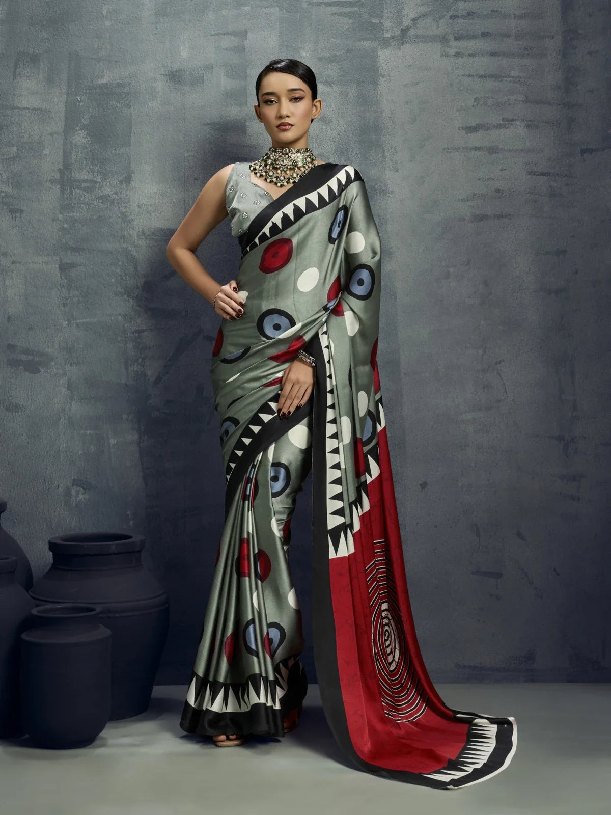 Tarani modal satin green saree with ajrakh print and bold black border full view