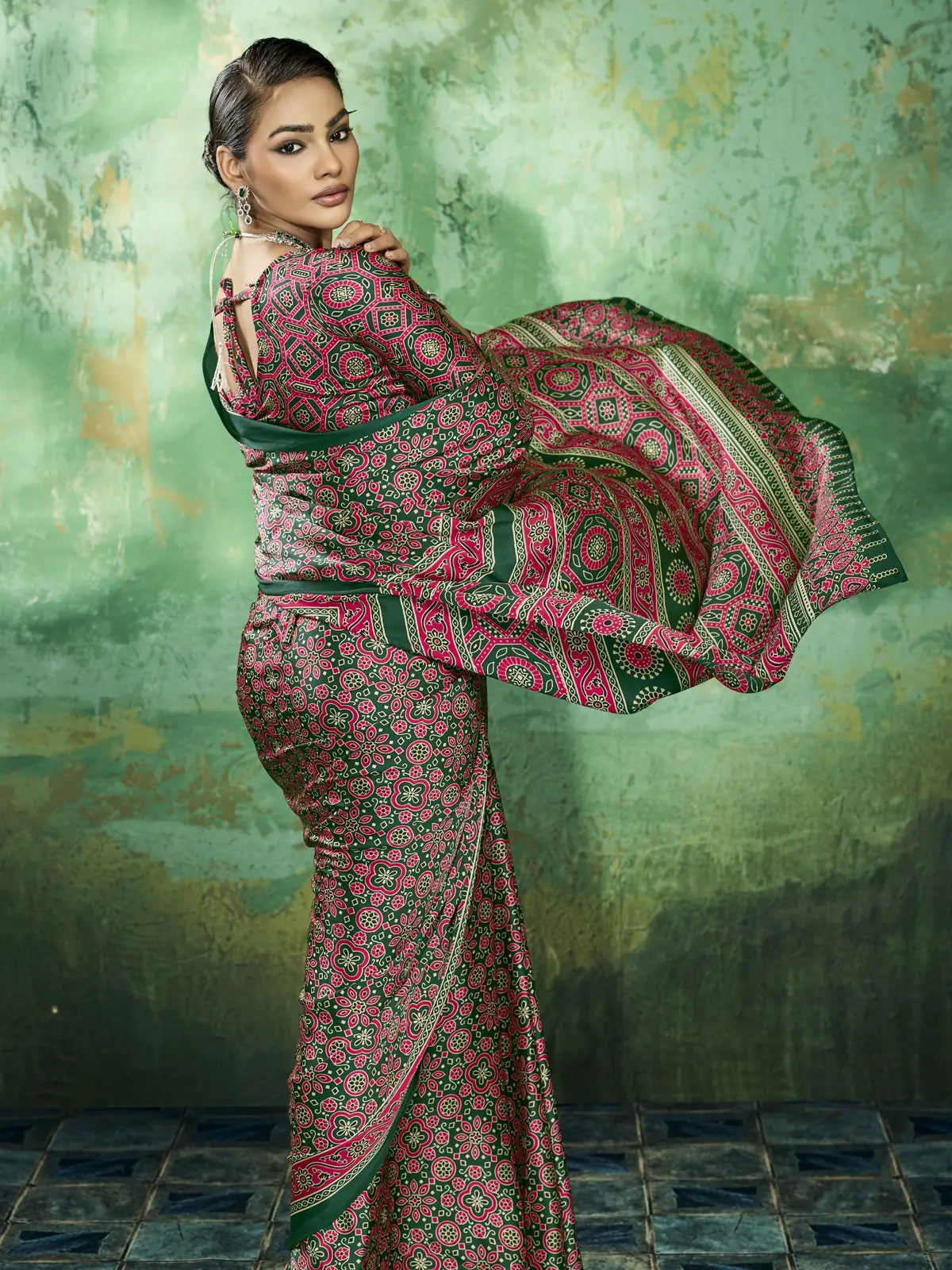 Tarani green modal satin Ajrakh saree pallu and border detailed fashion view