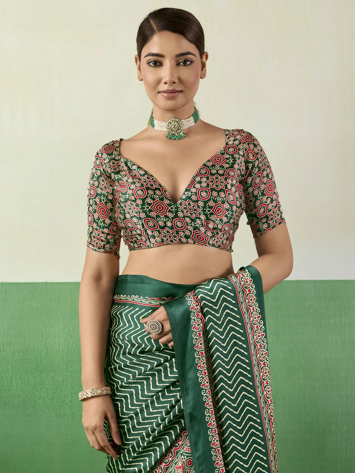 Tarani green modal satin Ajrakh print saree upper body view with printed blouse and ethnic detailing