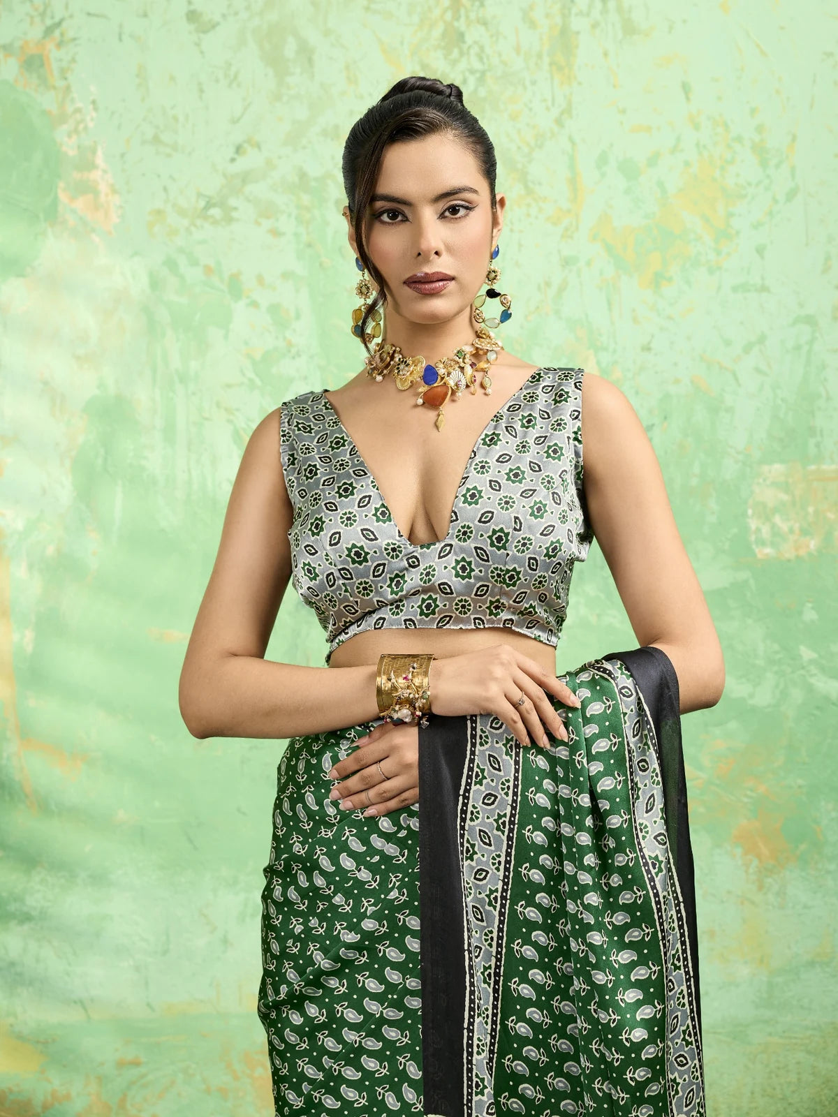 Tarani green modal satin Ajrakh print saree upper body blouse styling view