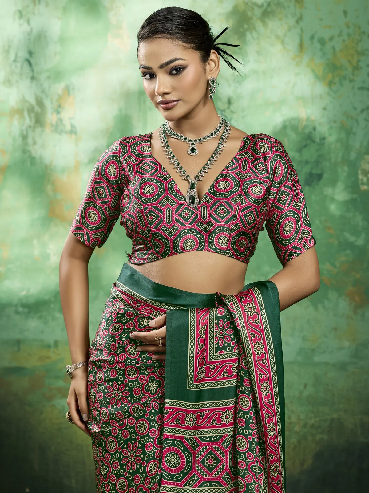 Tarani green modal satin Ajrakh print saree upper body blouse detailing view