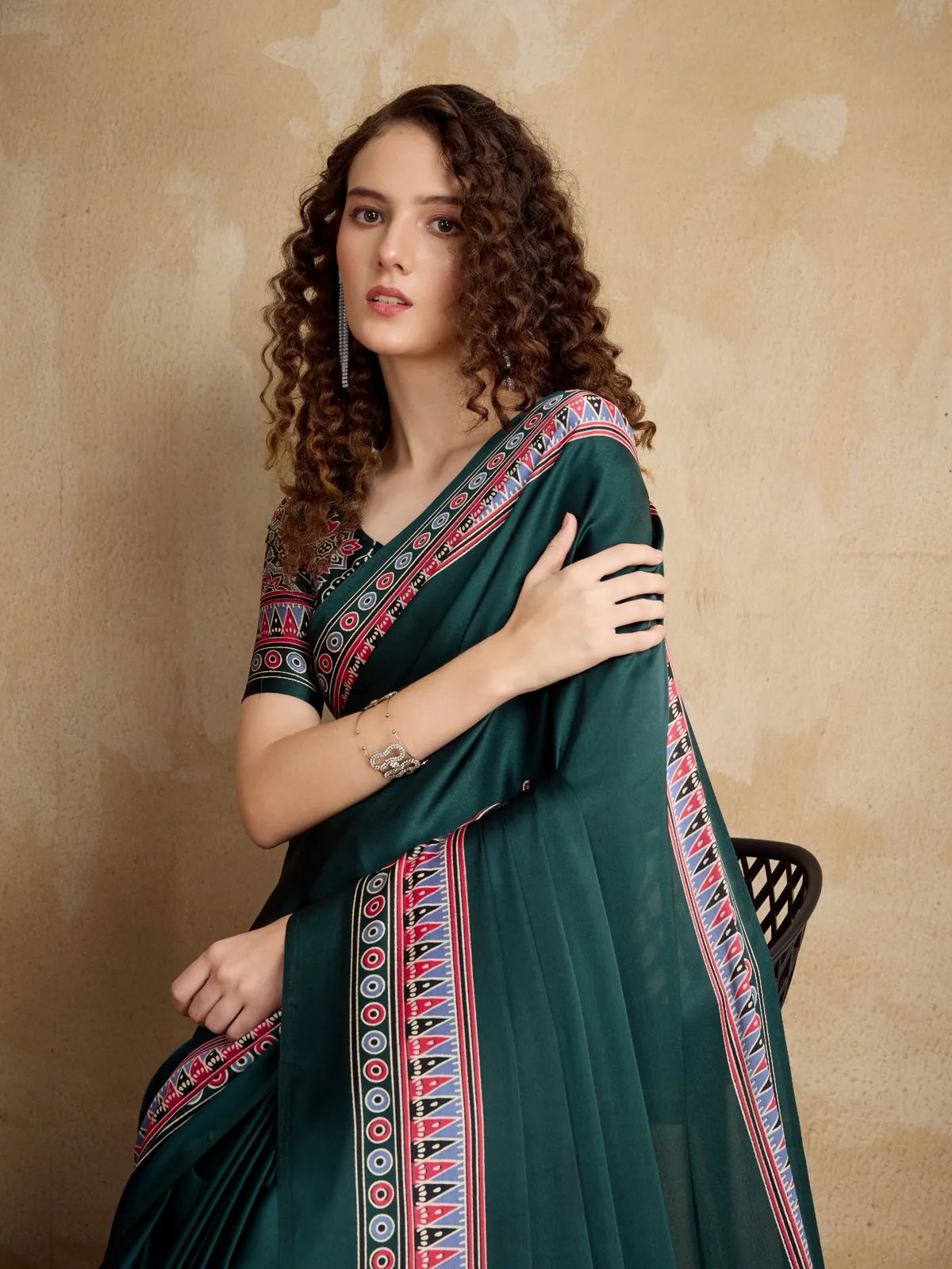 Tarani modal satin ajrakh print saree upper body close-up with detailed blouse design