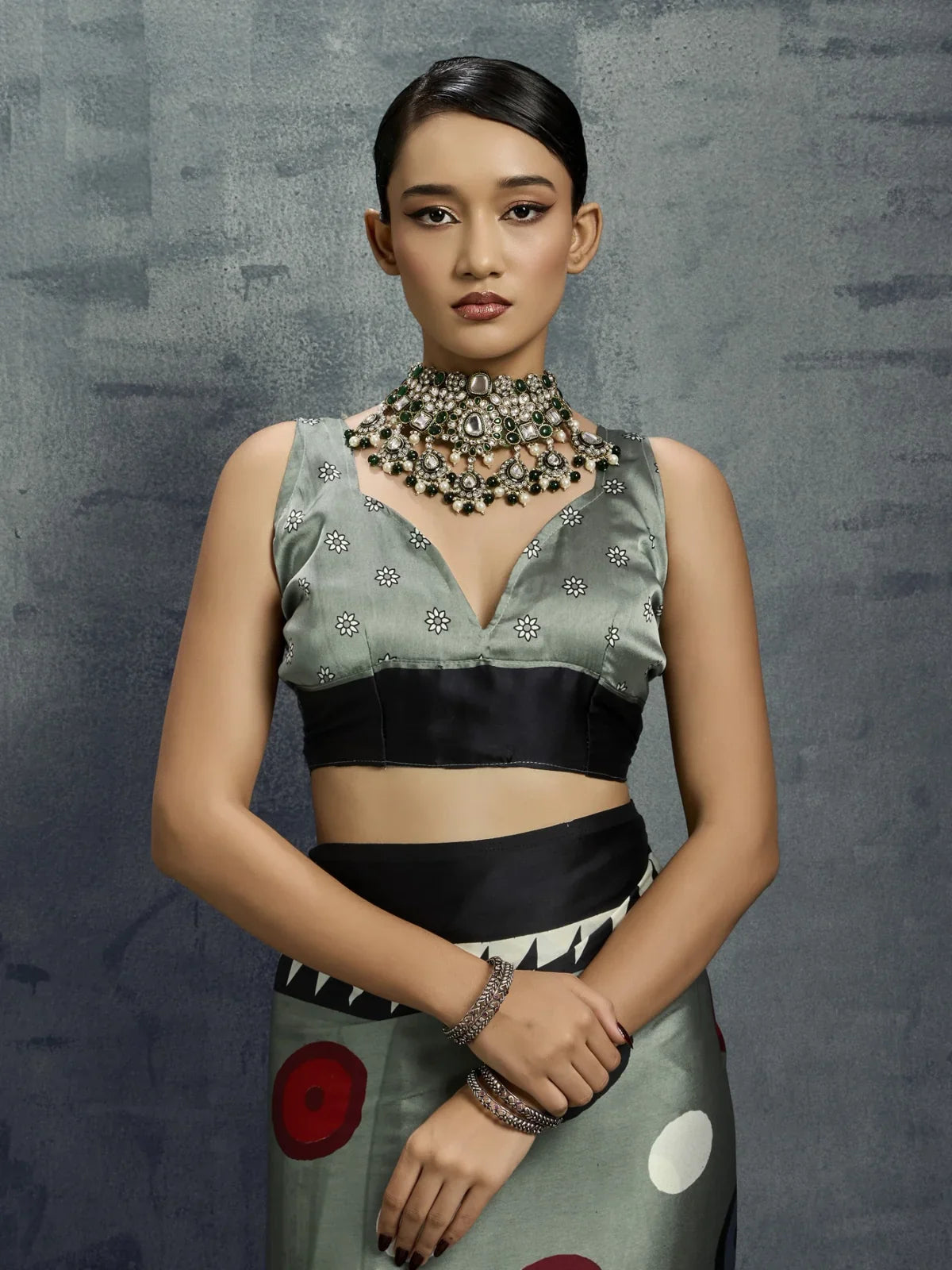 Tarani modal satin saree blouse closeup in green with embroidery and designer neckline