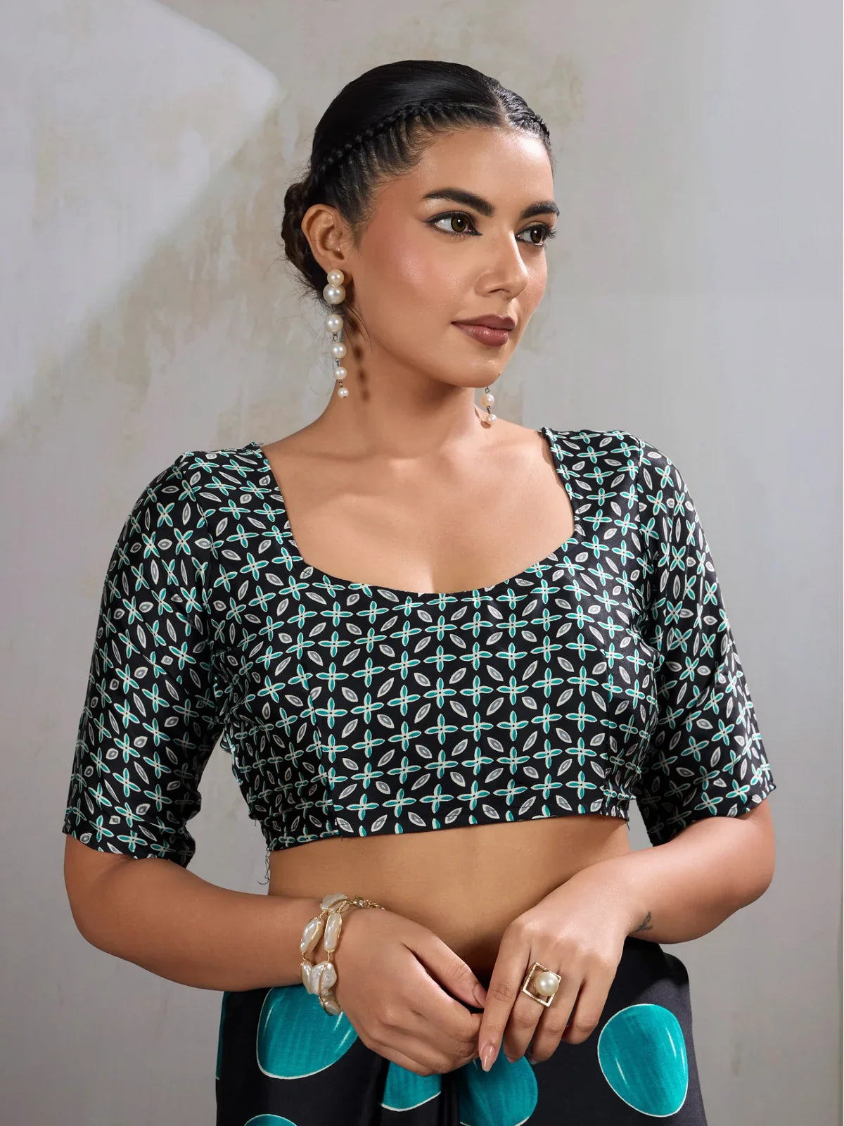 Tarani modal satin saree upper body view showing elegant blouse with ajrakh print