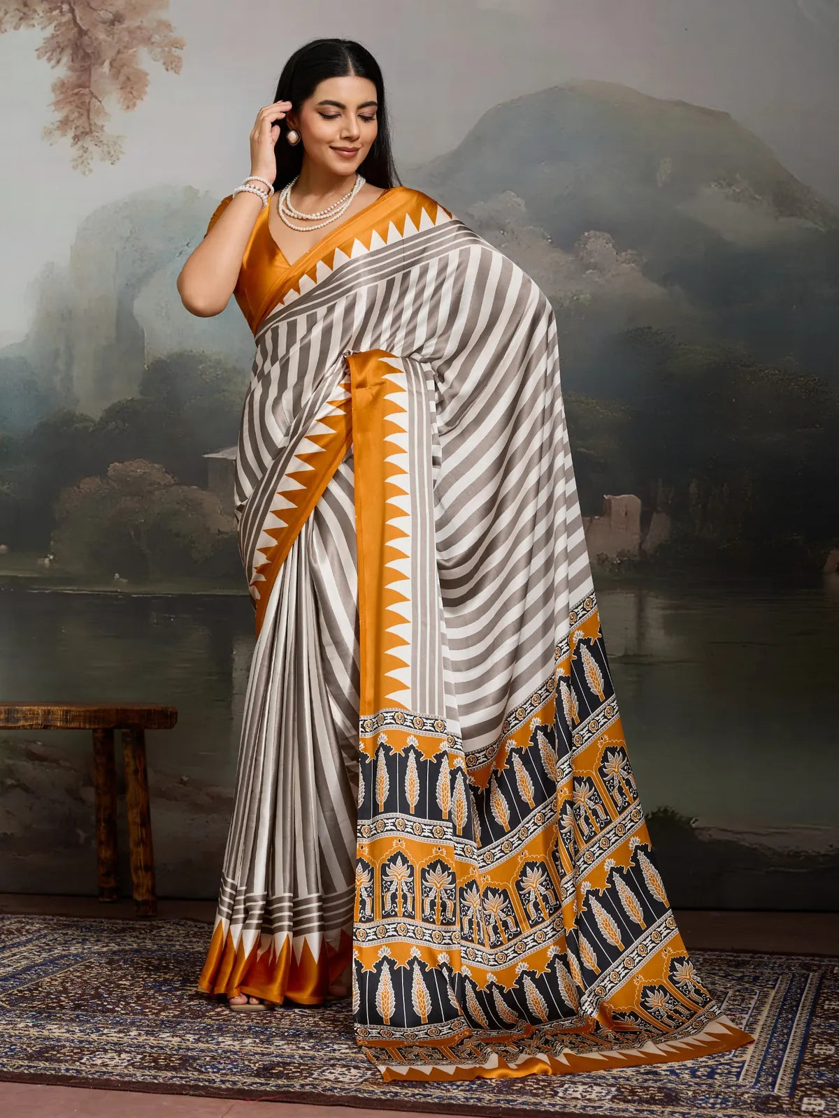 Tarani grey modal satin saree with striped body and traditional Ajrakh border in full view
