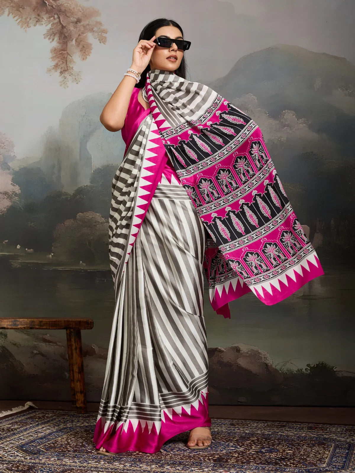 Tarani modal satin Ajrakh saree in grey and pink with full drape view and striped body pattern