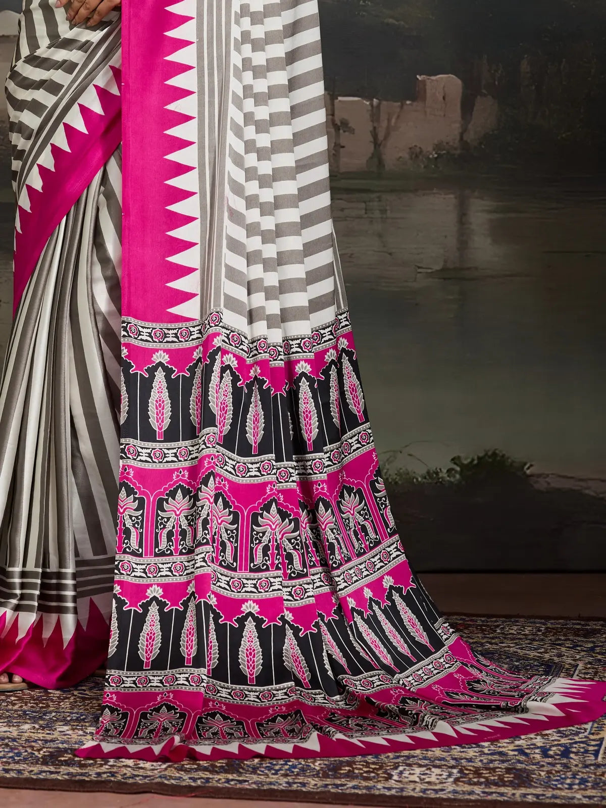 Tarani modal satin saree with traditional Ajrakh black pink pallu and geometric border design