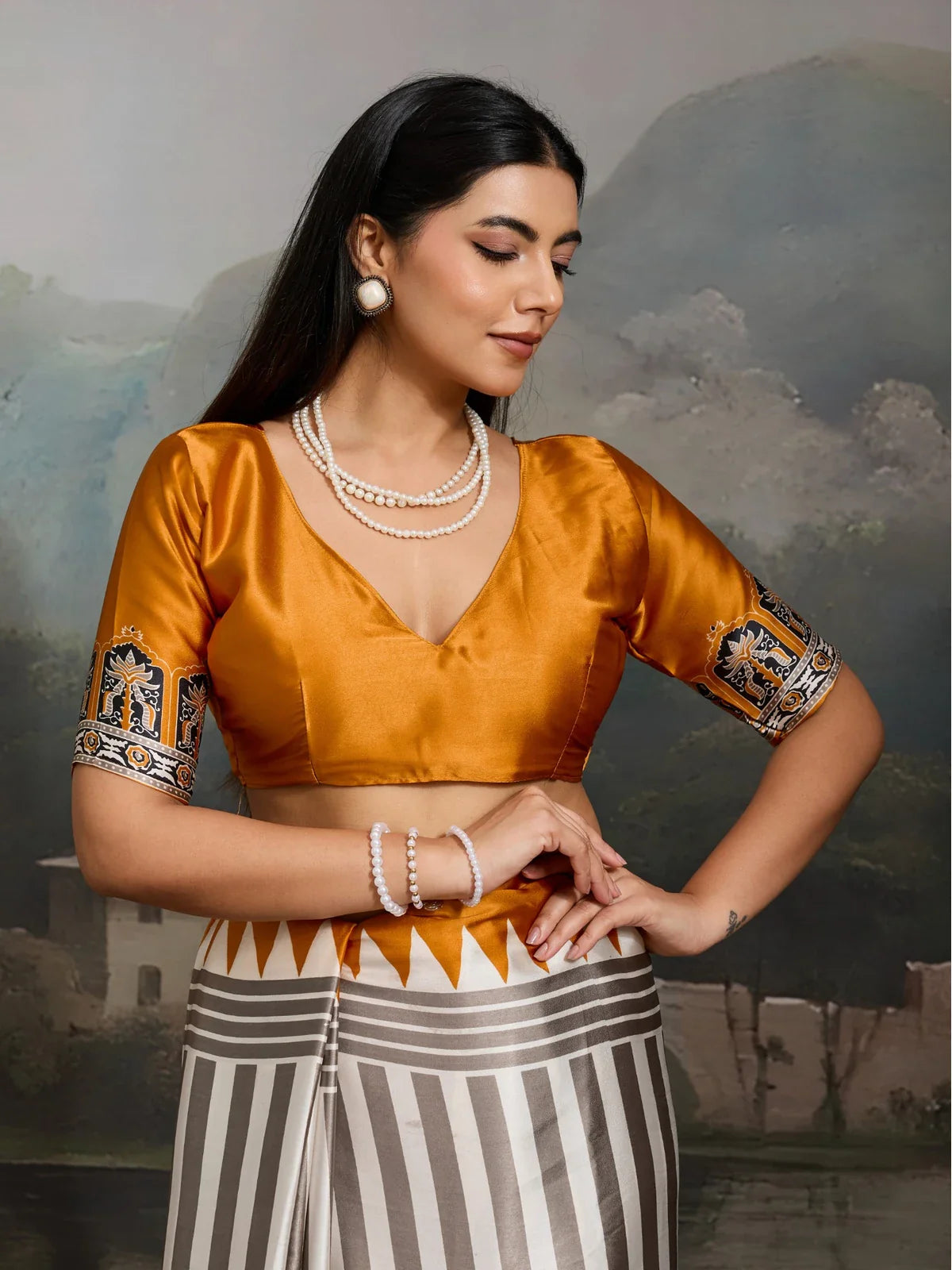 Tarani grey modal satin saree with mustard blouse featuring printed sleeve close-up