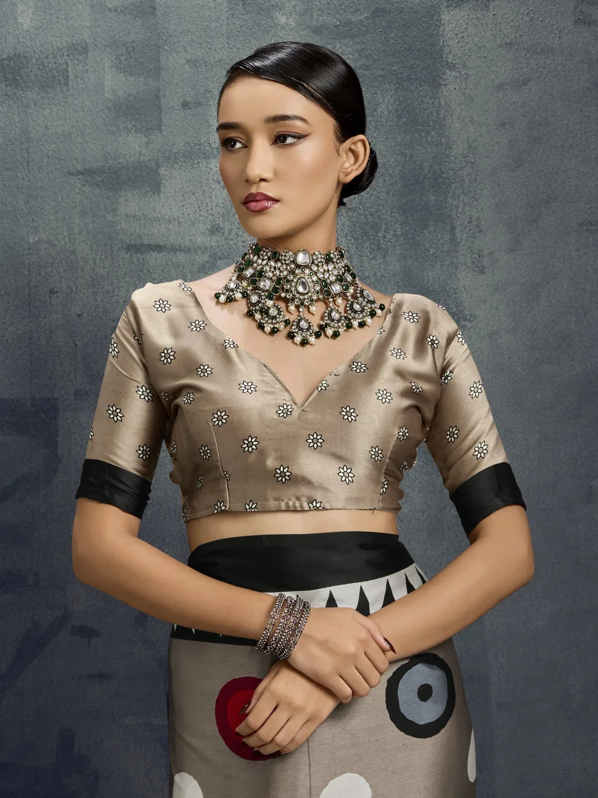 Tarani grey satin saree upper body view showing printed blouse and graceful neckline