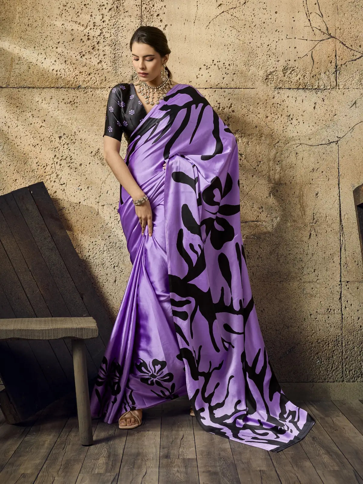 Tarani lavender modal satin Ajrakh print saree full view with black floral design and designer blouse