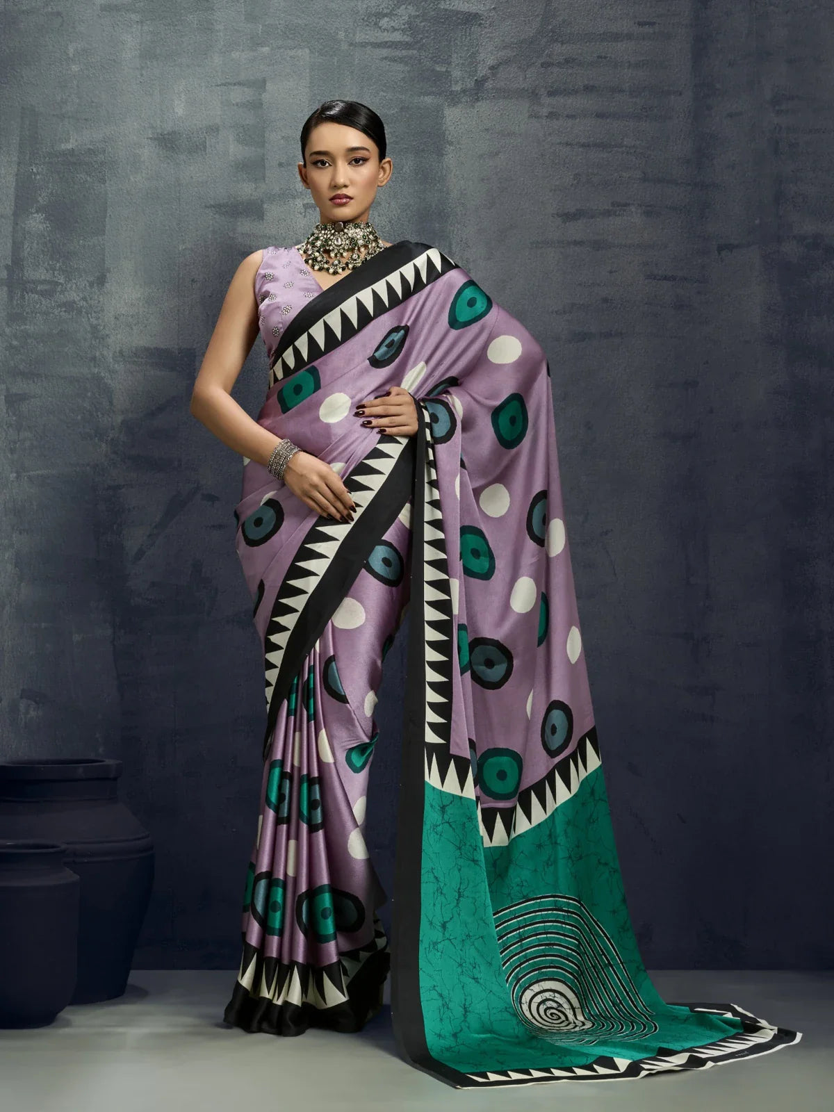 Tarani lavender modal satin saree with ajrakh print in full view