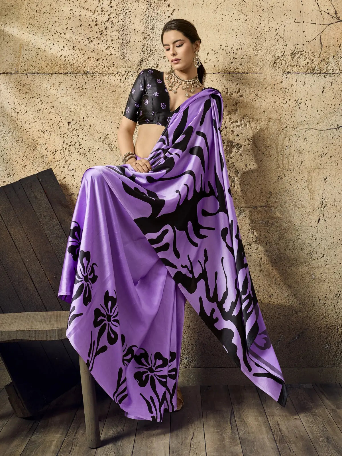 Tarani lavender modal satin Ajrakh print saree side pose with flowing floral pallu styling