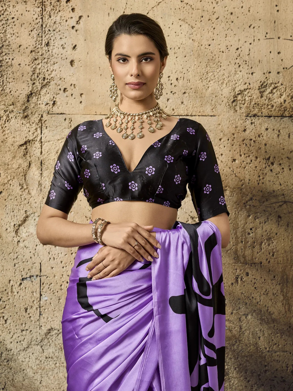 Tarani lavender modal satin Ajrakh print saree upper body view with elegant printed blouse