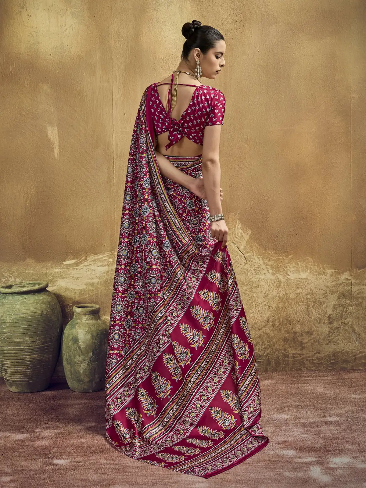 Tarani magenta modal satin Ajrakh print saree back view with stylish blouse tie design