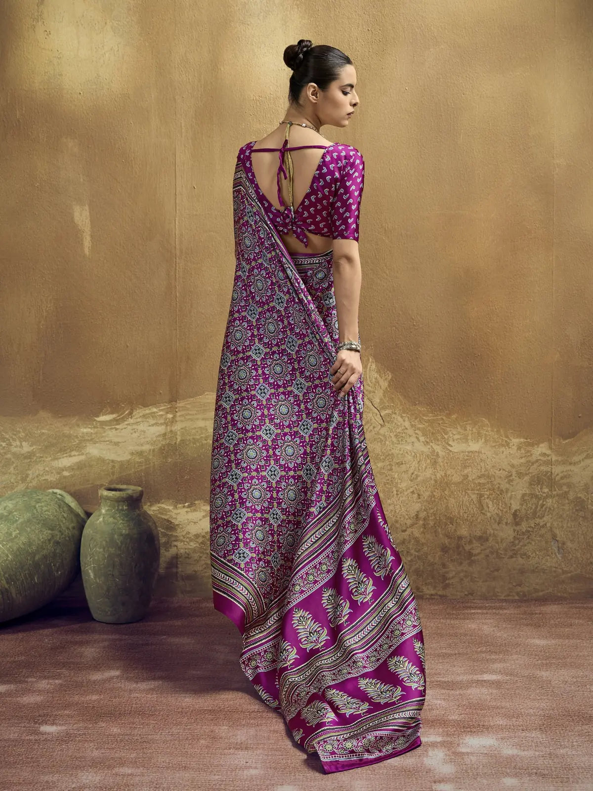 Tarani magenta Ajrakh print saree back view with designer blouse pattern