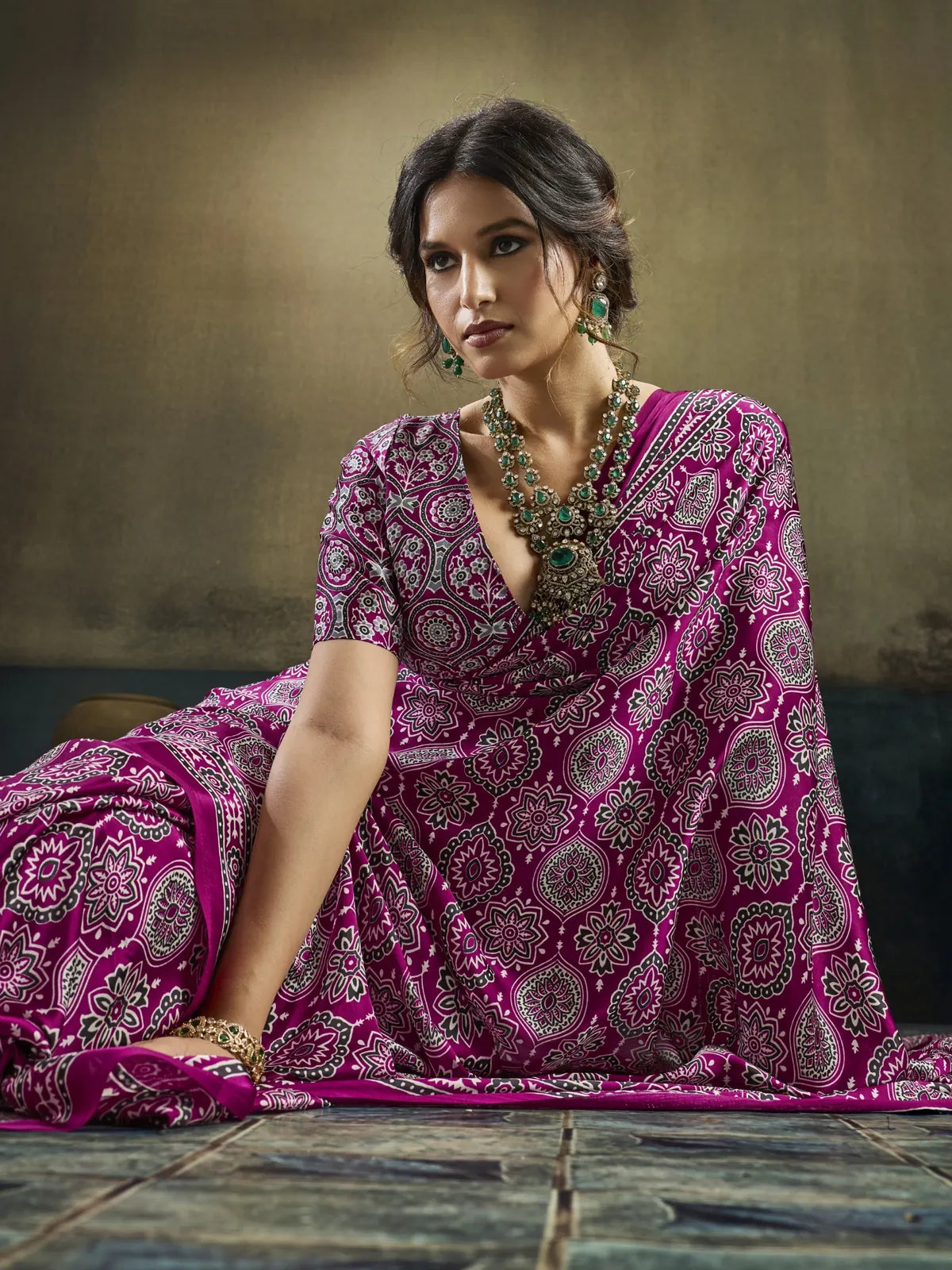Tarani Shubhangi magenta Modal Satin Ajrakh print saree closeup drape view