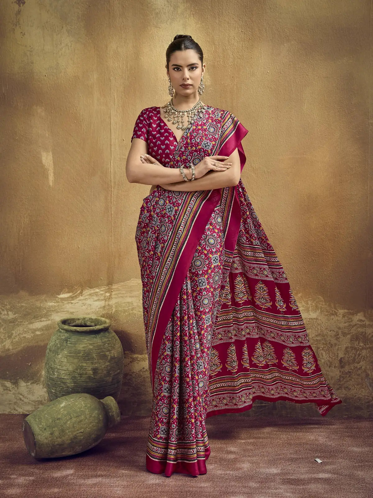 Tarani magenta modal satin Ajrakh print saree front view with detailed Ajrakh border