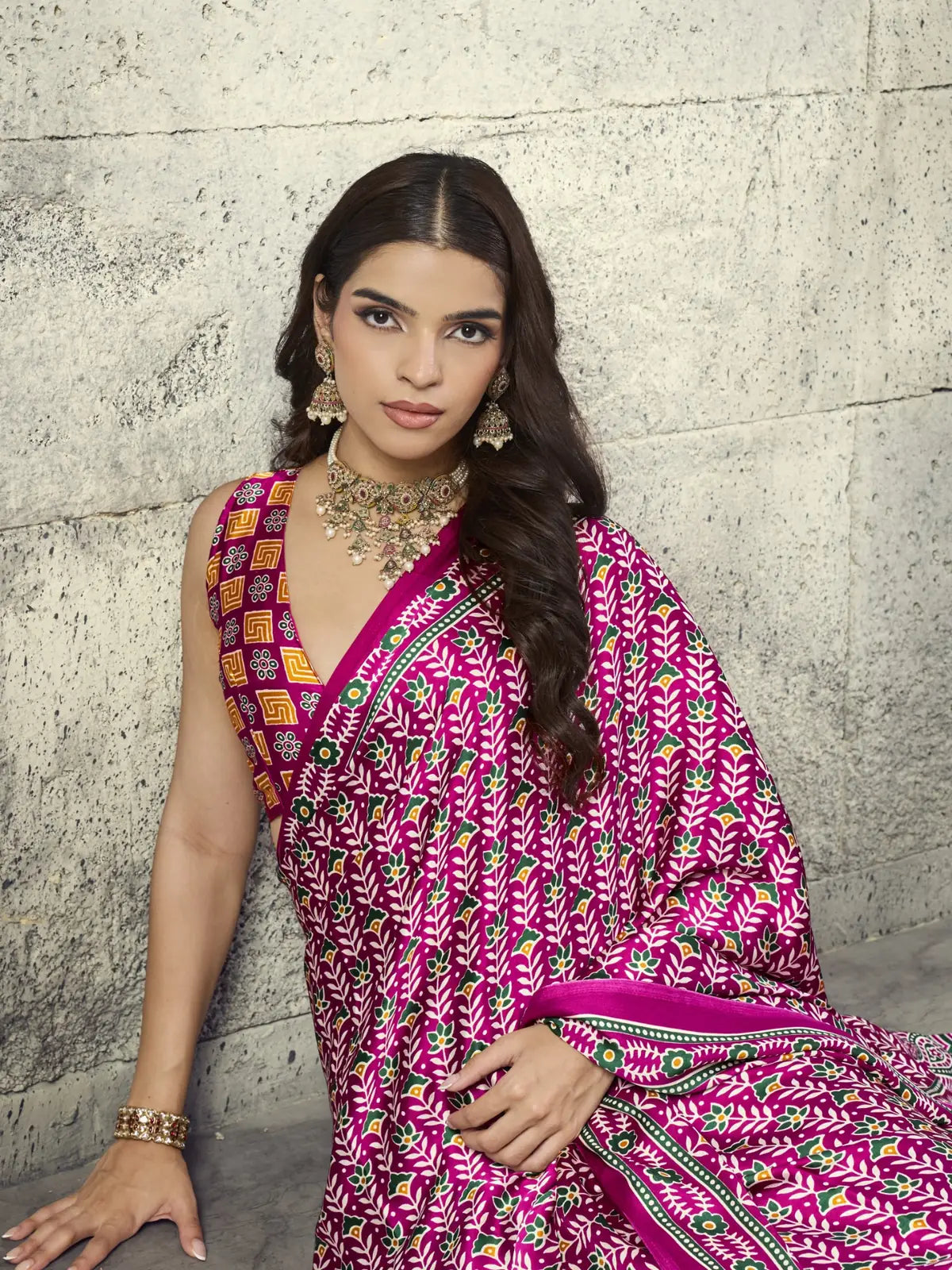 Tarani Reema magenta Modal Satin Ajrakh print saree front portrait with elegant Ajrakh pattern