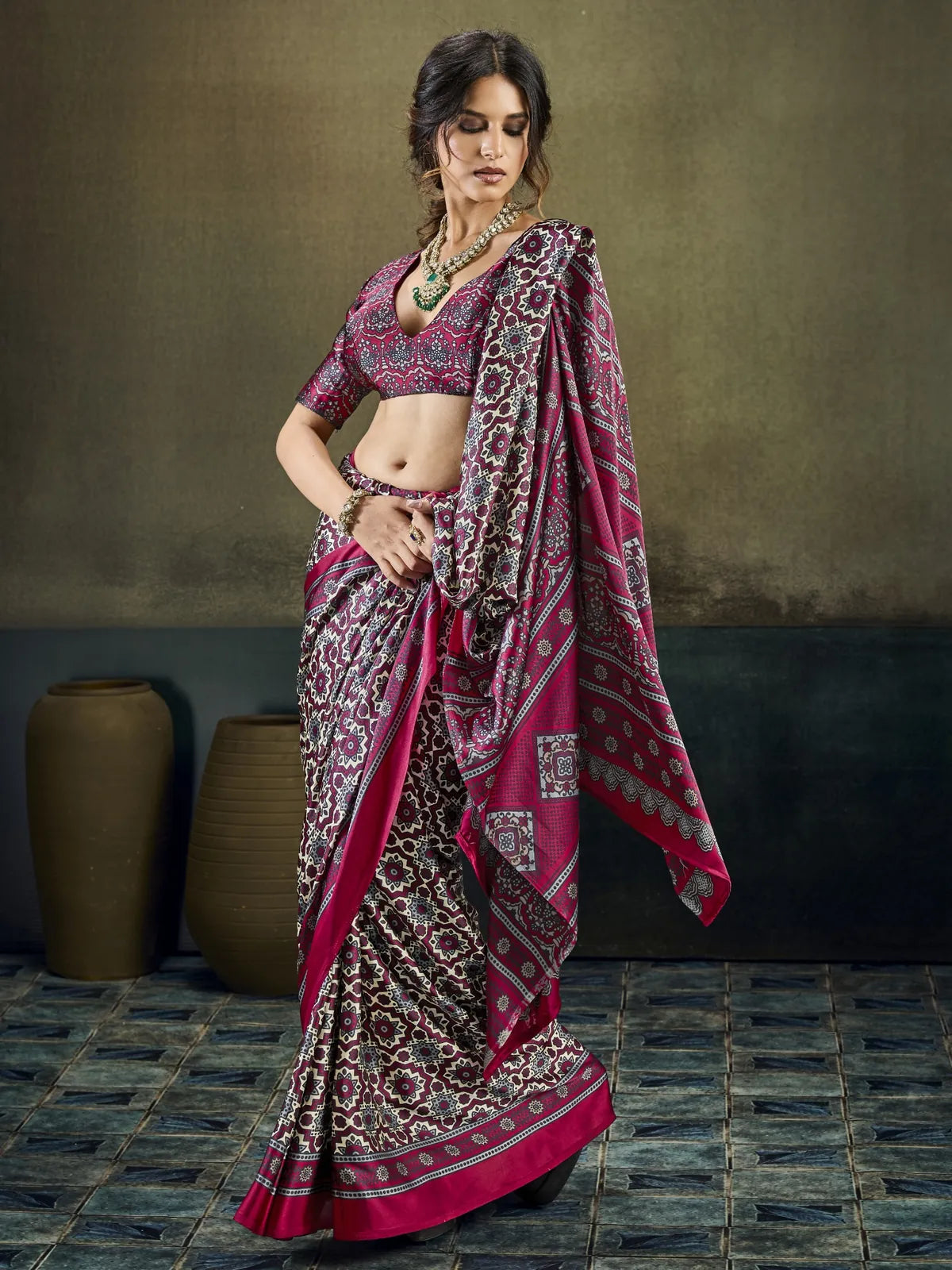 Tarani printed modal satin saree styling