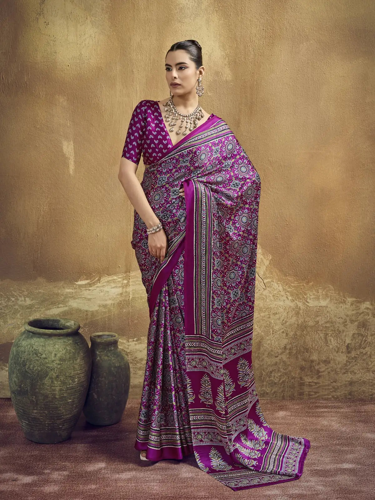 Tarani magenta modal satin Ajrakh print saree full view with elegant border and blouse design
