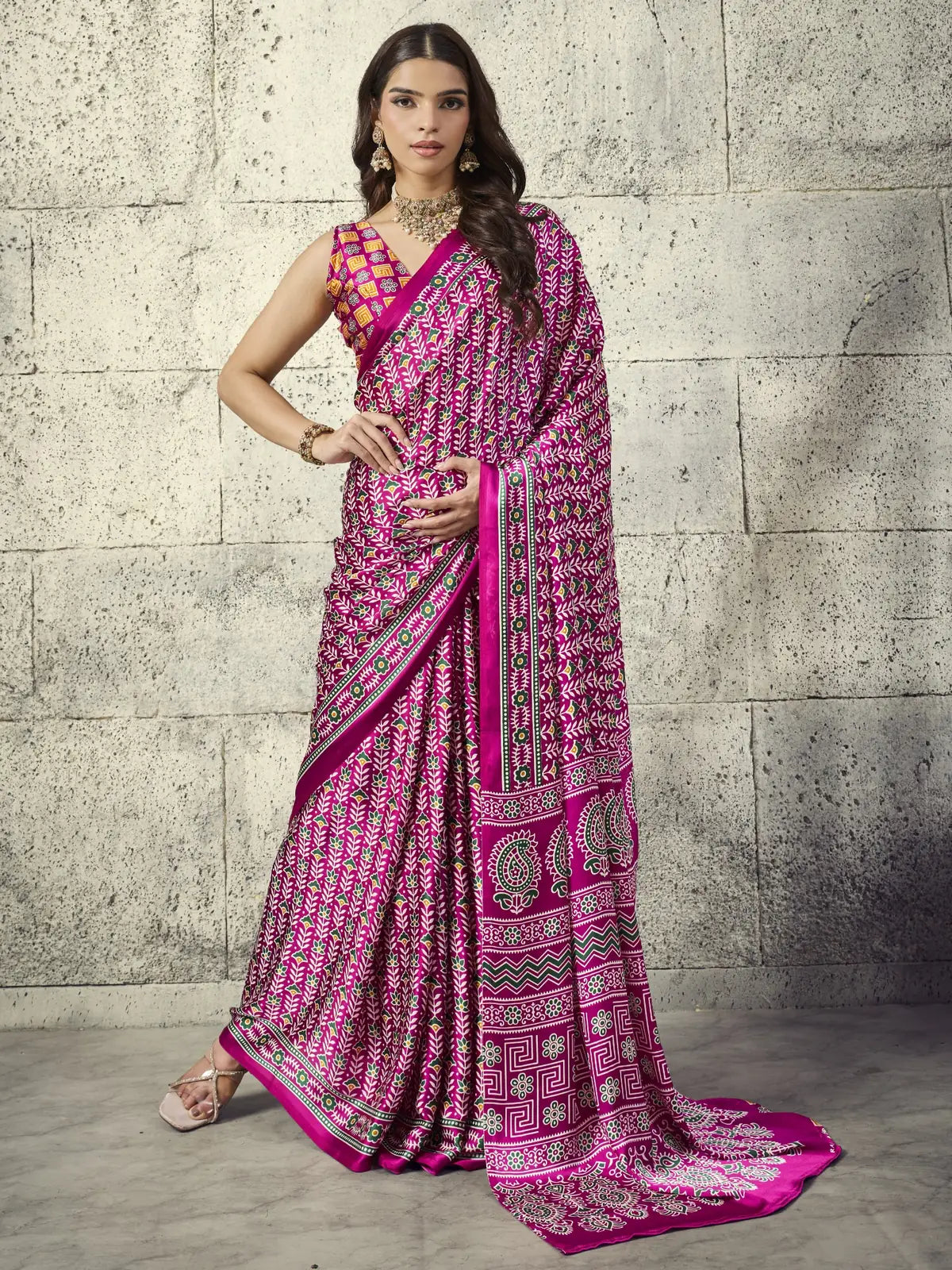 Tarani Reema magenta Modal Satin Ajrakh print saree full view with elegant border and blouse piece