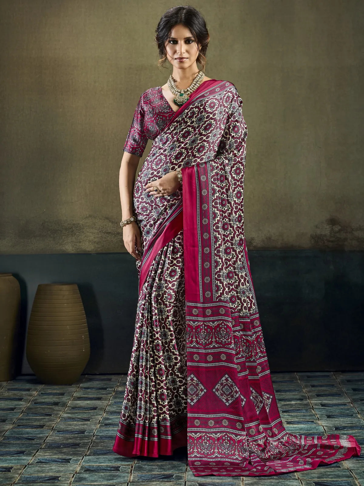 Tarani magenta Modal Satin Ajrakh Print saree full view with printed blouse