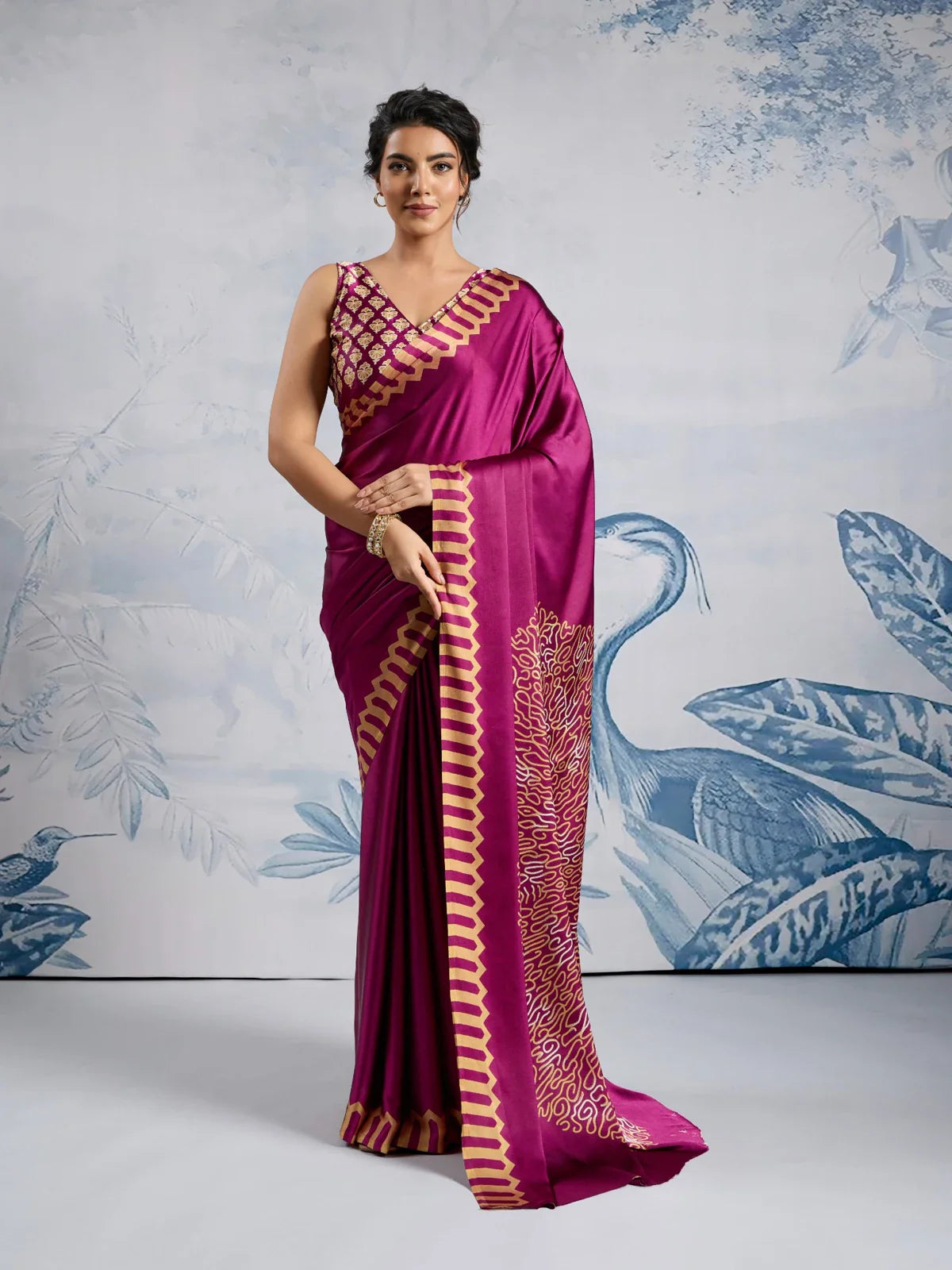 Tarani modal satin magenta saree front pose with traditional border and Ajrakh pattern