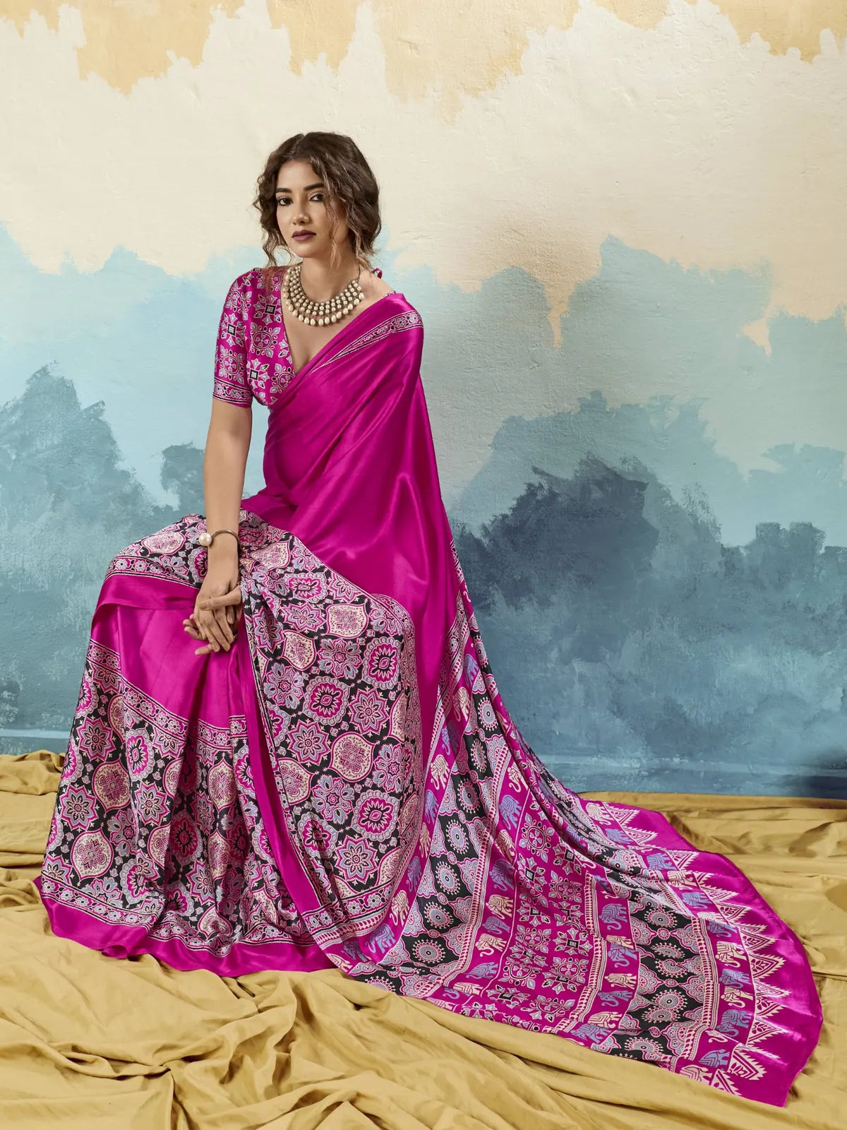 Tarani magenta modal satin Ajrakh print saree with elegant Ajrakh pallu and border detailing