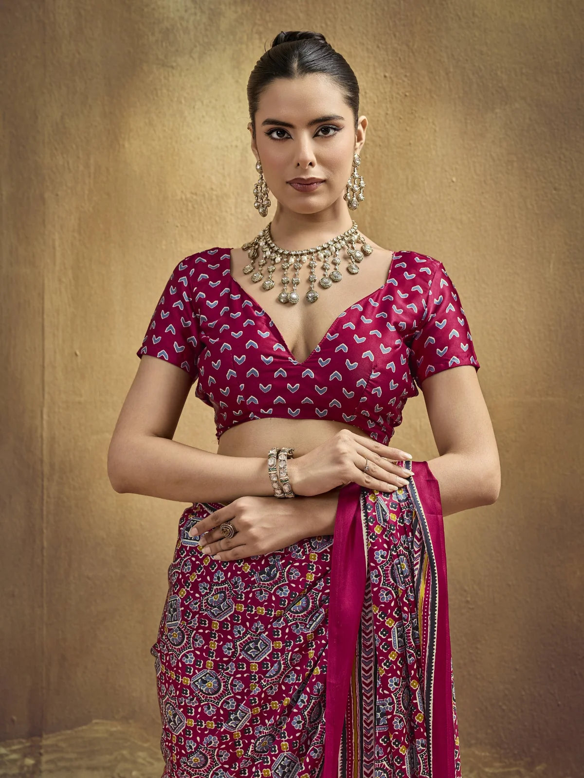 Tarani magenta modal satin Ajrakh print saree upper body view with matching designer blouse