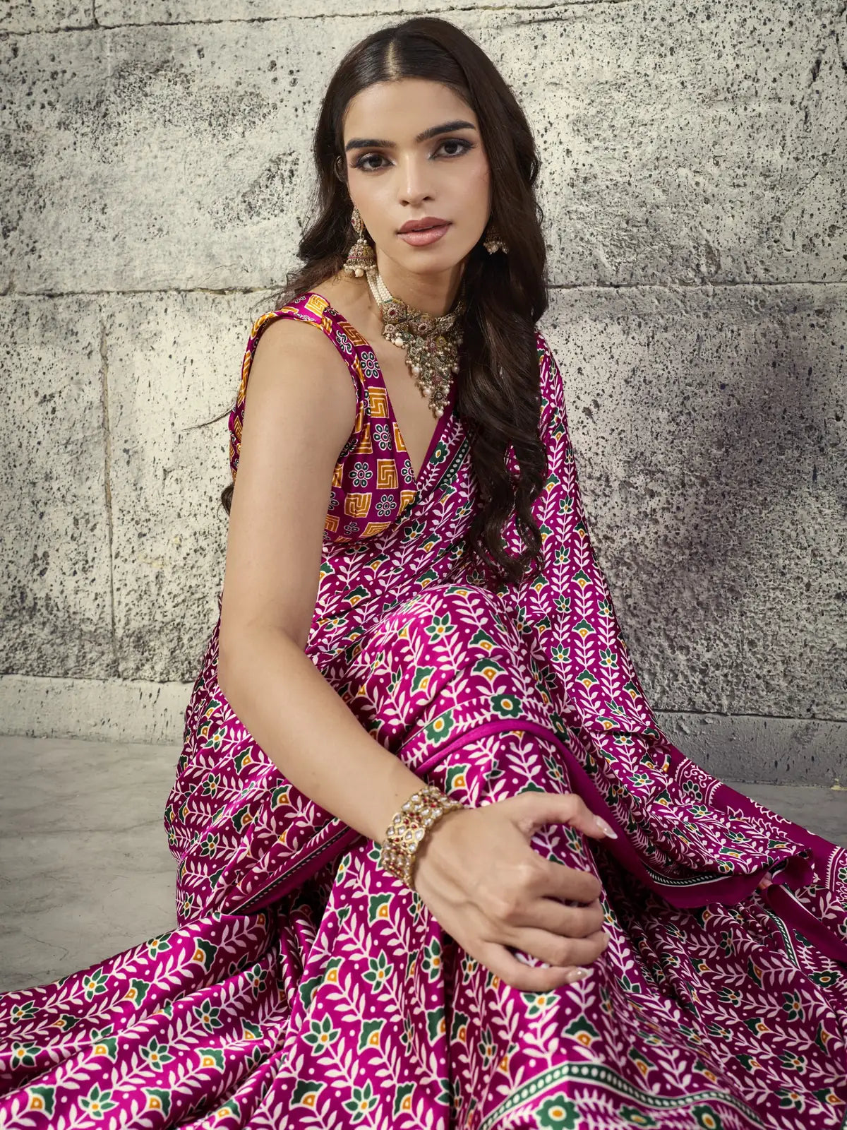 Tarani Reema magenta Modal Satin Ajrakh print saree upper body view with designer blouse