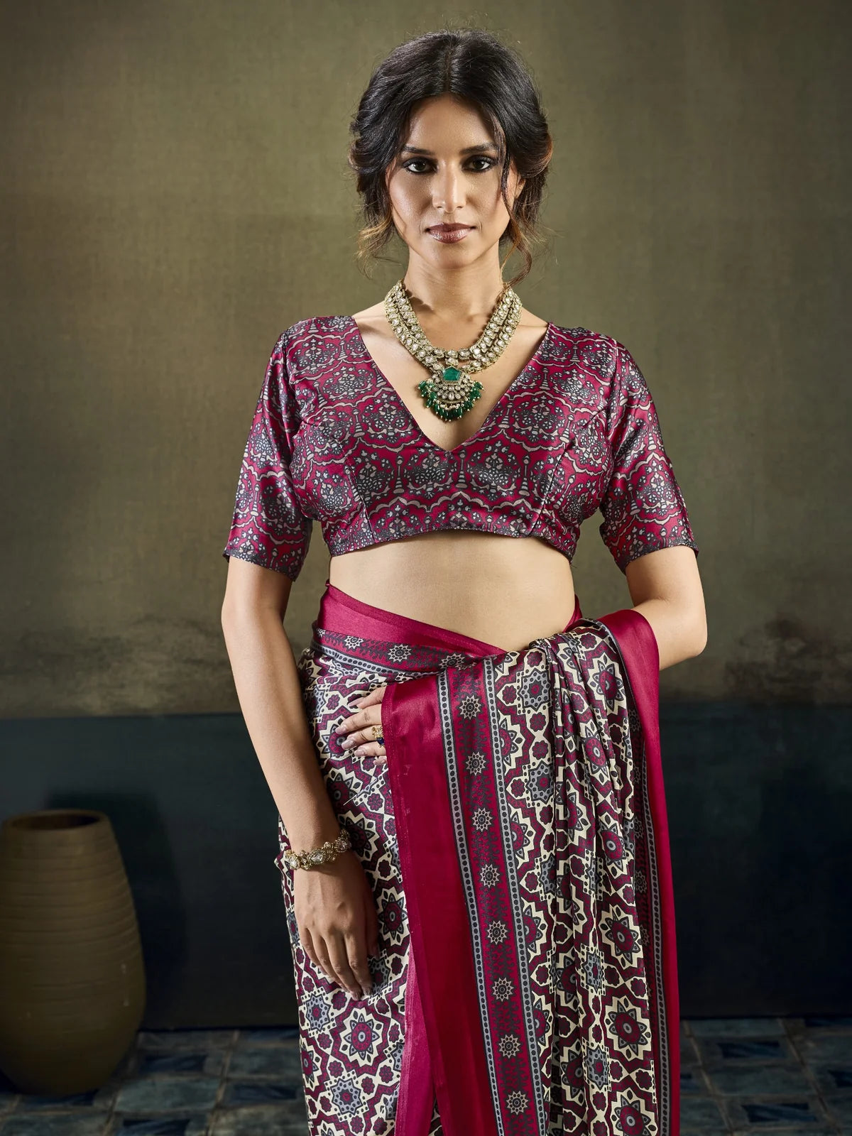 Tarani magenta Modal Satin saree upper body blouse design