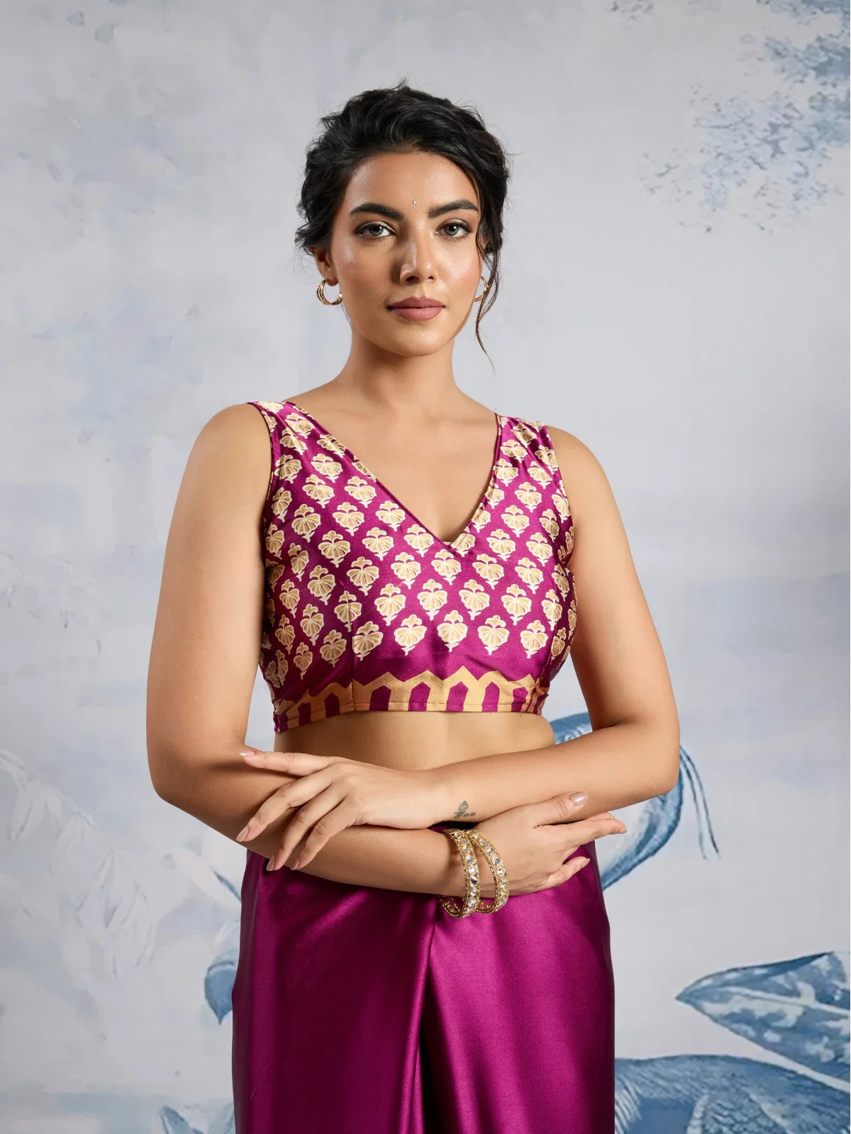 Tarani magenta Ajrakh blouse close-up in modal satin with gold print details