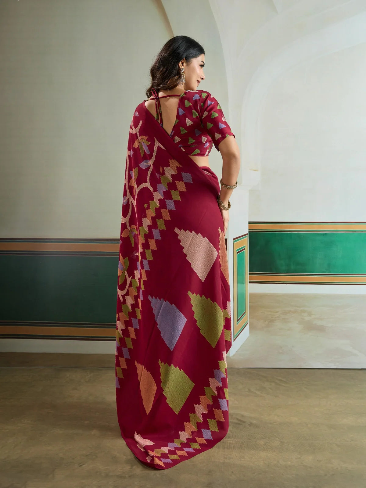 Tarani modal satin saree back view highlighting blouse and fall design