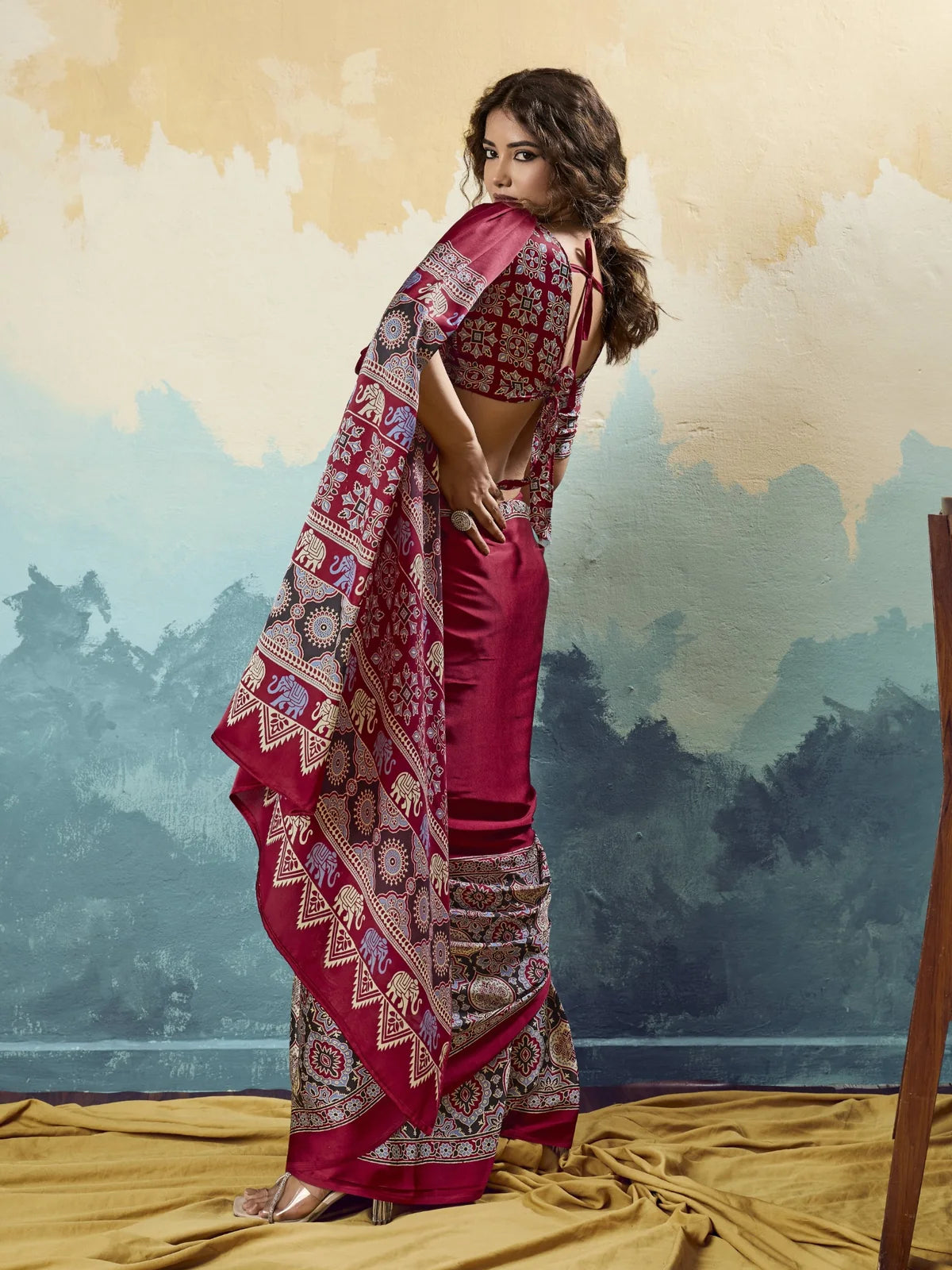 Tarani maroon modal satin Ajrakh print saree blouse back view with stylish tie design