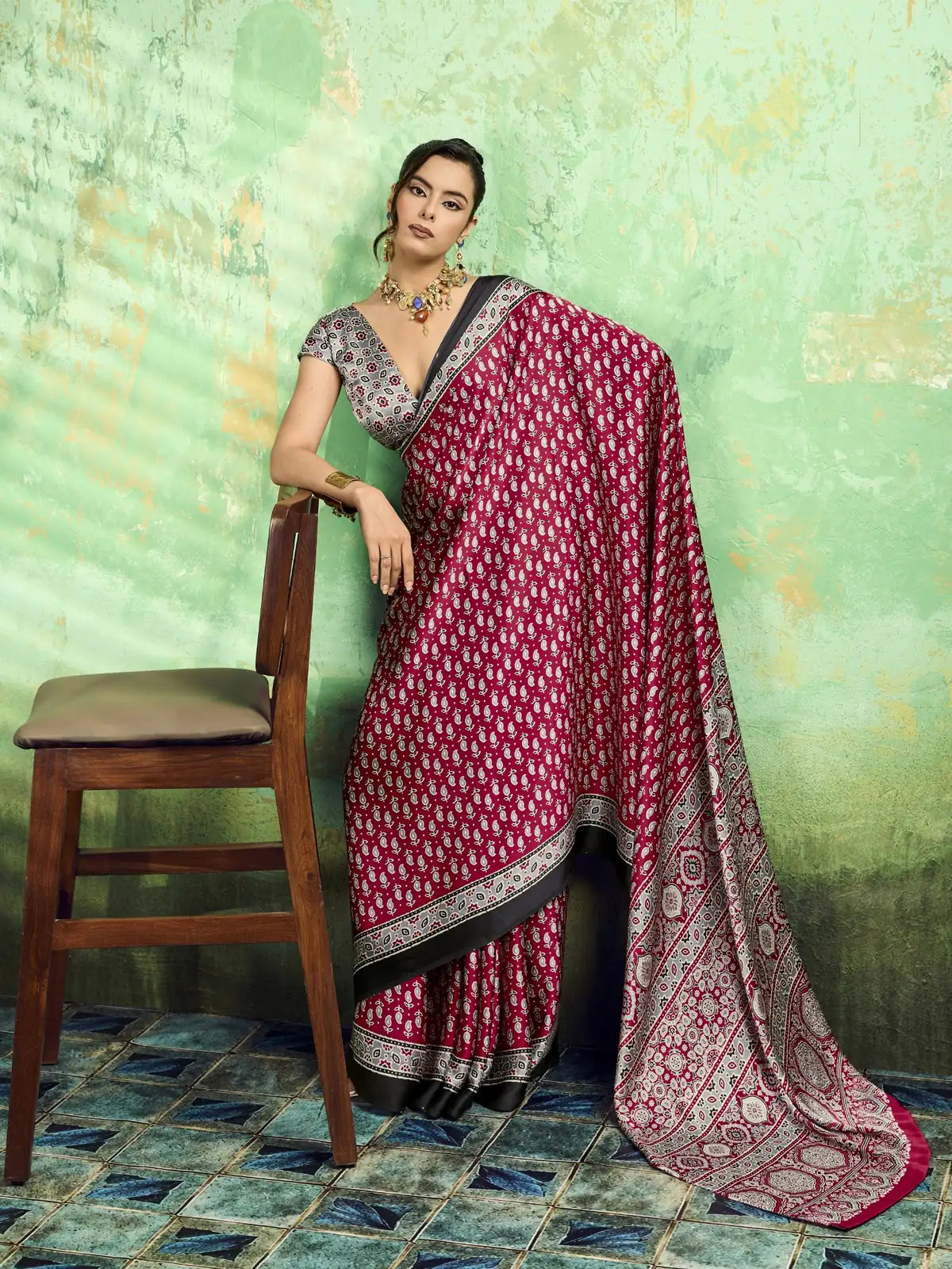 Tarani maroon modal satin Ajrakh print saree front view with elegant pallu drape