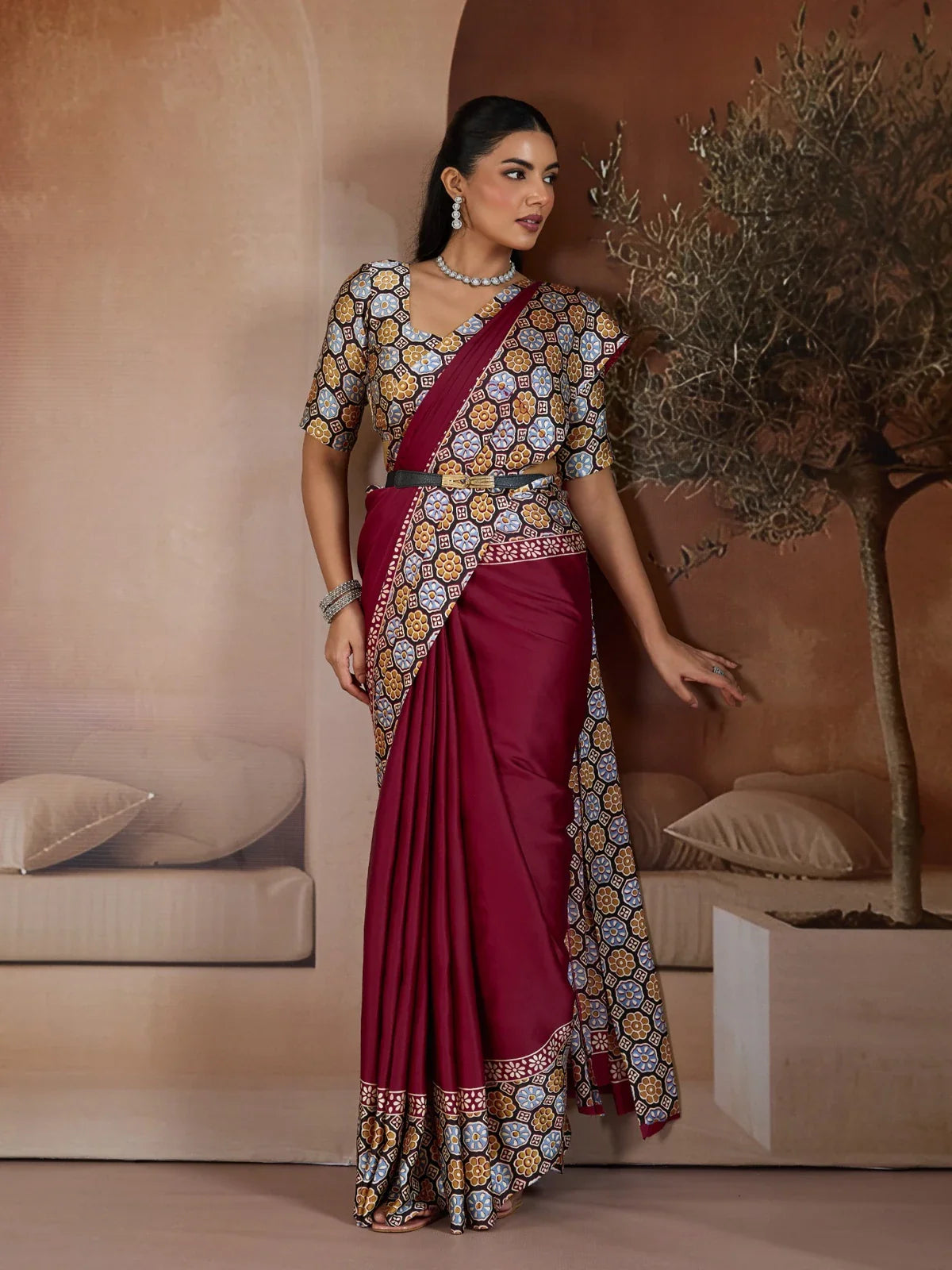 Tarani maroon modal satin saree with geometric printed blouse and elegant border full view