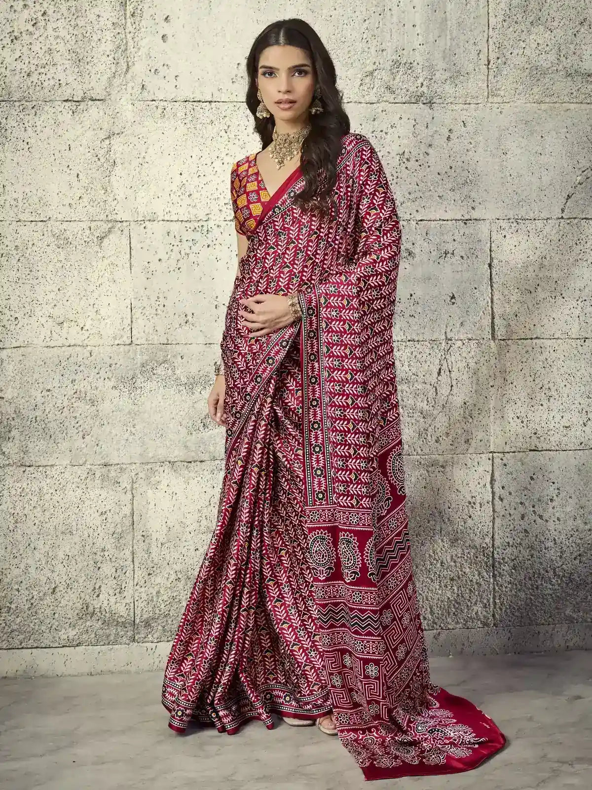 Tarani maroon Modal Satin Ajrakh Print Saree full view with traditional motifs and blouse piece for casual wear