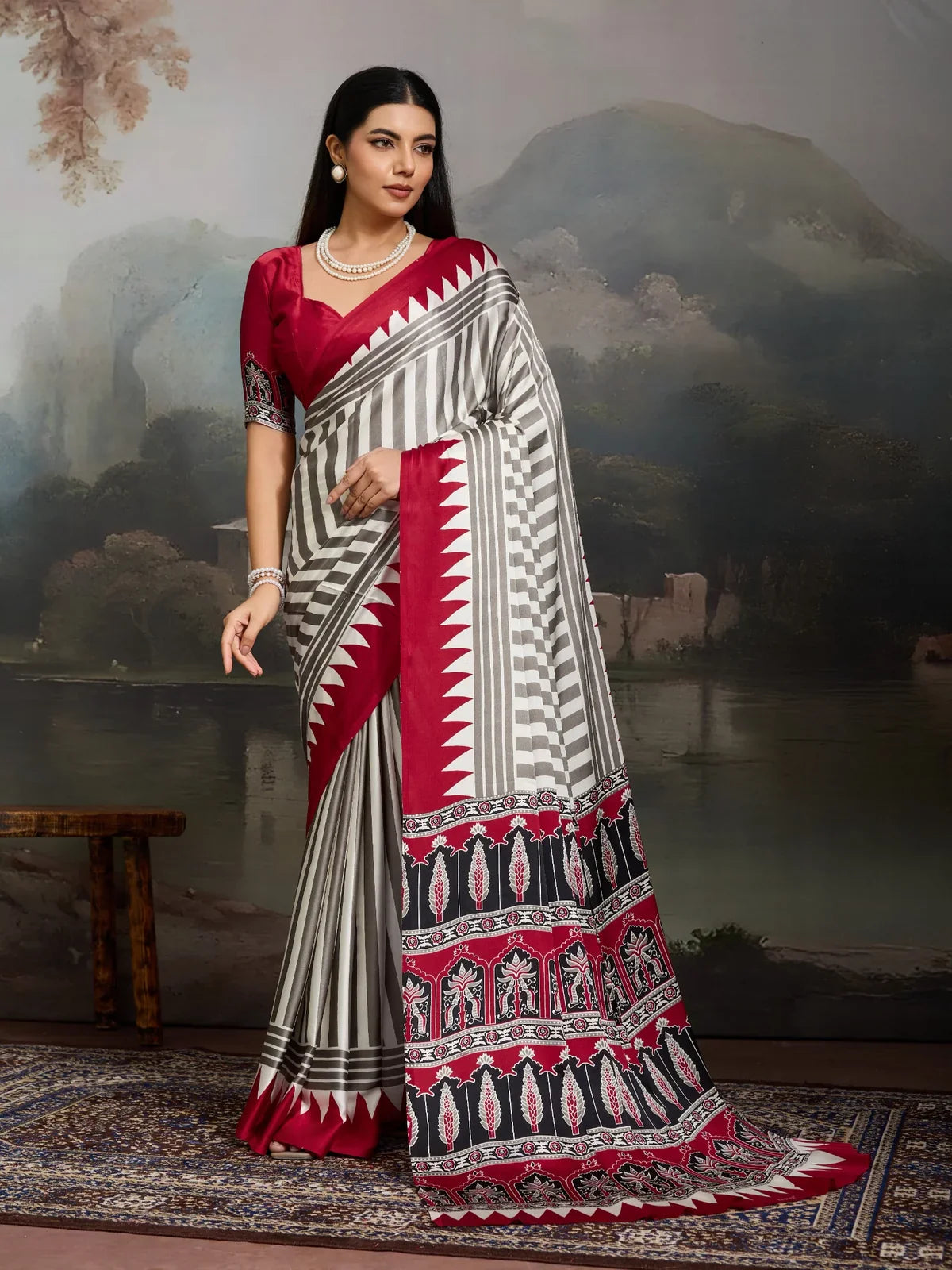 Tarani Modal Satin maroon saree full view with contrast blouse and Ajrakh border