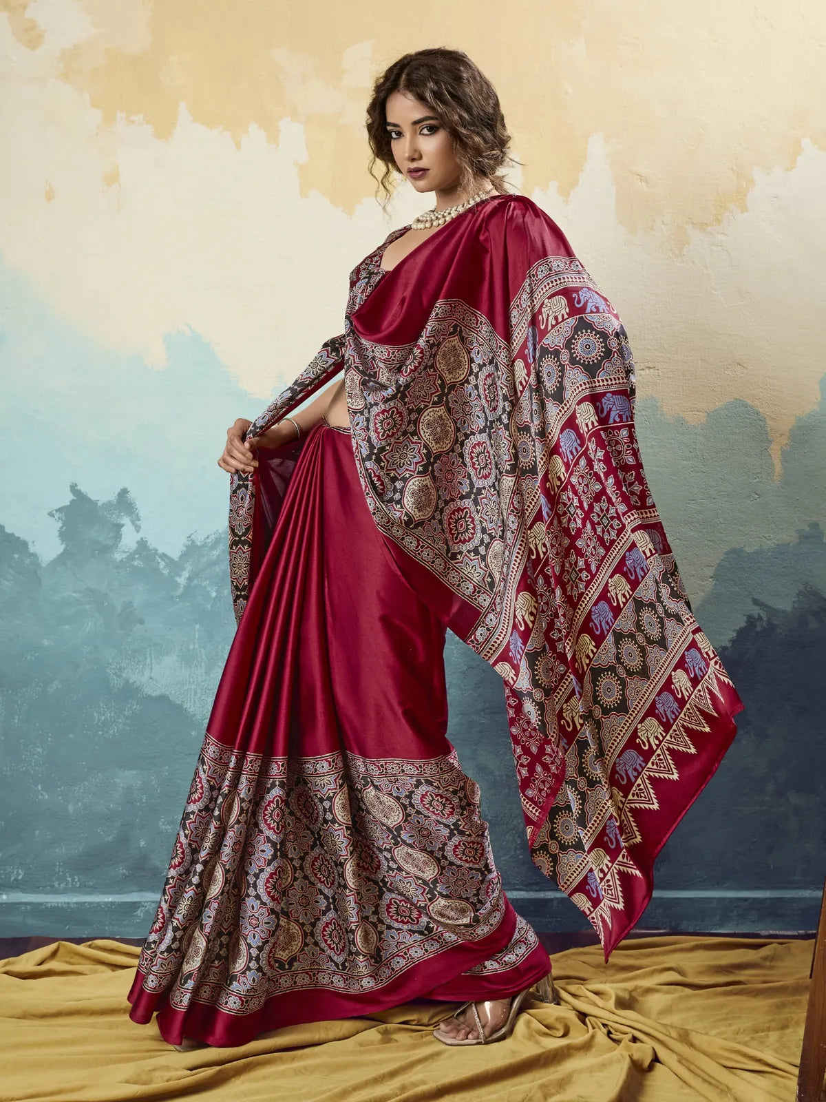 Tarani maroon modal satin Ajrakh print saree pallu view with intricate Ajrakh border work