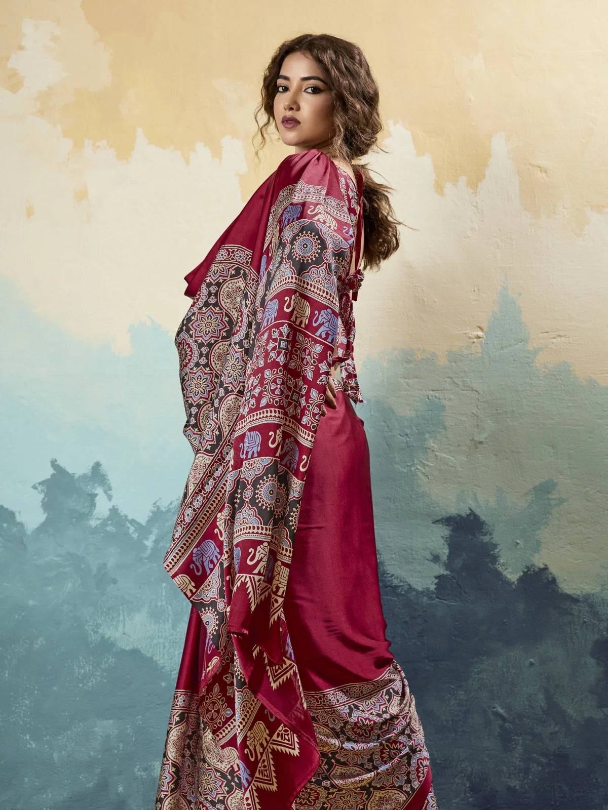 Tarani maroon modal satin Ajrakh print saree side view highlighting elegant pallu design