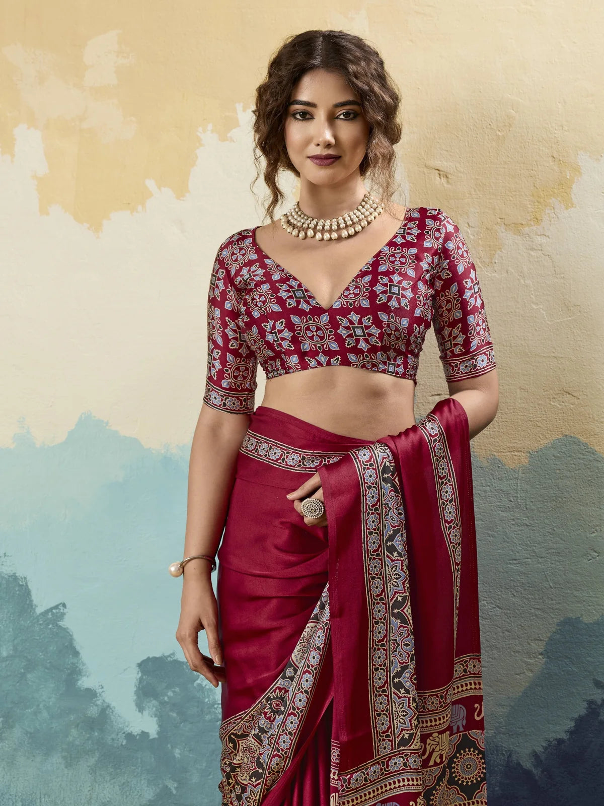 Tarani maroon modal satin Ajrakh print saree upper body view with detailed printed blouse