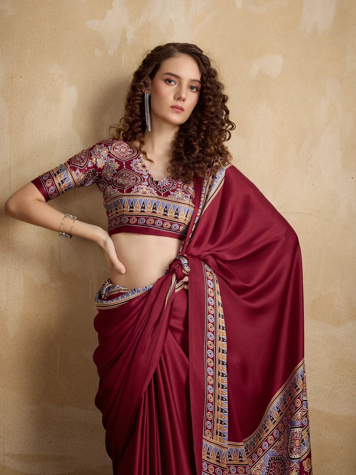 Tarani maroon Modal Satin saree with Ajrakh print blouse showcasing neckline and styling detail