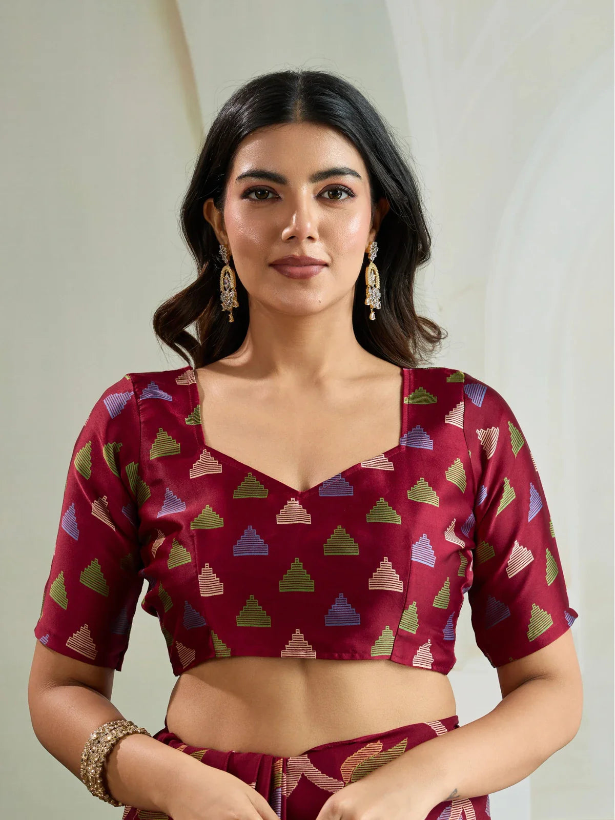 Tarani maroon modal satin saree upper body view showing elegant blouse design